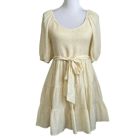 Lovecolette womens Tiered Smocked Tie waist Mini Dress Sz Large Yellow Lined - Picture 2 of 9